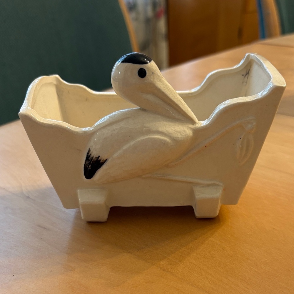 Vintage Stork Themed Ceramic Footed Planter. Made in Japan. - Picture 1 of 7
